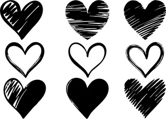 Set of Hand drawn heart icons in high HD resolution. Design elements for Valentine's day greeting card, poster or banner. Media and web based love and care symbols.