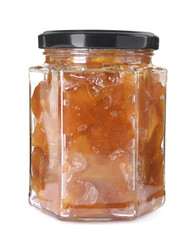 Glass jar of delicious apple jam isolated on white