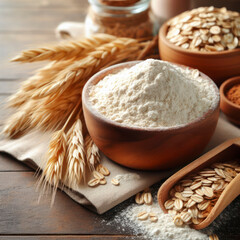 Oat wholegrain flour with oat flakes on table. ai generative - obrazy, fototapety, plakaty