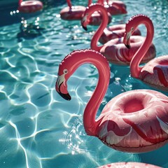 Pink flamingo pool floats bask in the glory of the summer sun, gently bobbing on the tranquil ripples of a clear blue pool