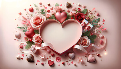 This Valentine's Day themed radiates romance with a central heart shaped copy space, surrounded by a soft pink backdrop adorned with roses, chocolates, and ribbons.