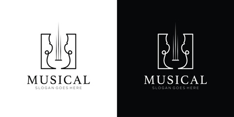 Simple Violin Logo. Orchestra Fiddle Music Silhouette in Square Shape with Linear Outline Style Icon Symbol Vector Design Template.
