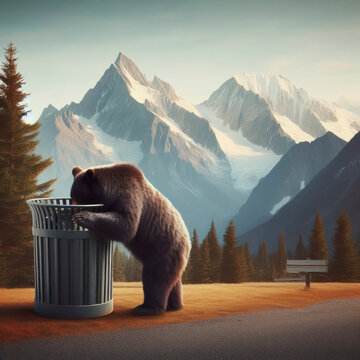 Bear Digging through a trashcan. Represents mountain life and the importance of keeping trash. ai generative