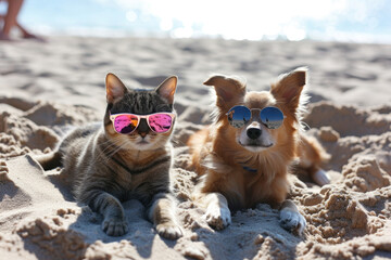 Naklejka na ściany i meble Cat and Dog Wearing Sunglasses on the Beach