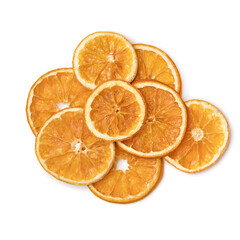 Heap of dried orange slices isolated on white background close up