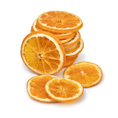 Heap of dried orange slices isolated on white background close up