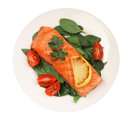 Tasty grilled salmon with tomatoes, lemon and basil isolated on white, top view