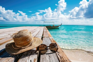 Obraz premium Straw hat and sunglasses laid on a wooden pier, with a clear turquoise ocean and a traditional boat in the background, evoking the leisure of a summer getaway