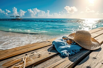 Straw hat and sunglasses laid on a wooden pier, with a clear turquoise ocean and a traditional boat in the background, evoking the leisure of a summer getaway