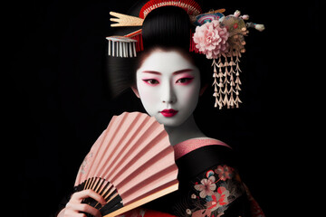 Portrait of a japanese Geisha in traditional clothes on black background. ai generative
