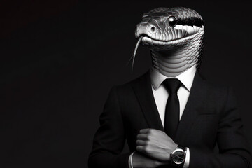 Portrait of a snake dressed in a strict business suit on solid black background. ai generative