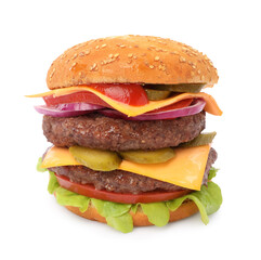 Delicious burger with meat cutlets, cheese, pickled cucumbers and lettuce isolated on white