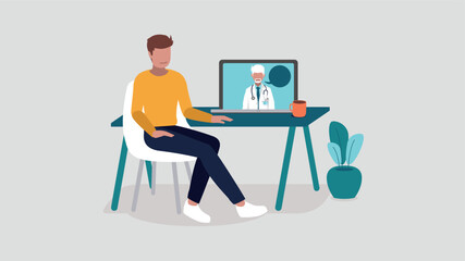 Vektor-Illustration  einer Person an einem Schreibtisch im Gespräch mit einem Arzt online auf einem Laptop - Health Concept