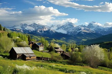 An alpine village basks in the afternoon sun, its charm amplified by the stunning mountain backdrop and the vivid green of spring