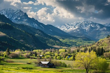 An alpine village basks in the afternoon sun, its charm amplified by the stunning mountain backdrop and the vivid green of spring