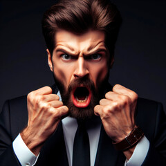 Portrait of angry surprised businessman on solid dark background. ai generative