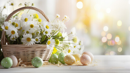 Obraz premium Basket filled with fresh daisies accompanied by decorated Easter eggs on a wooden surface