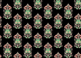 Japan wave pattern ditzy floral motif ardent red tiny flowers, green leaves on a navy blue all over geo design. Print block for fabric, apparel textile, wrapping paper. Minimal oriental vector graphic