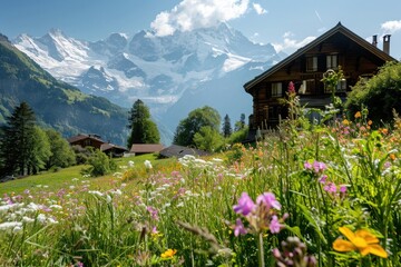 An alpine village basks in the afternoon sun, its charm amplified by the stunning mountain backdrop and the vivid green of spring