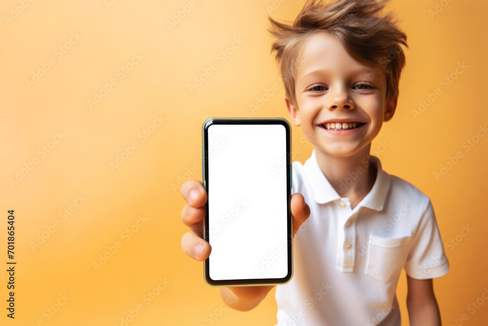 Poster smiling kid boy show a smartphone with white screen mockup on solid color background. ai generative