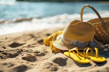 Straw hat and flip-flops resting on a colorful towel by the foamy sea edge, capturing the essence of a beach holiday