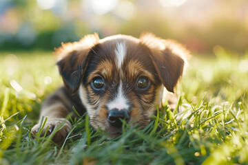 Through Puppy Eyes: Sunlit Adventures on Grassy Grounds
