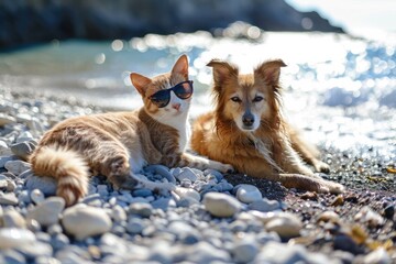 A cat with pink sunglasses and a dog with mirrored shades look like the ultimate summer siblings, embracing the laid-back beach vibes.