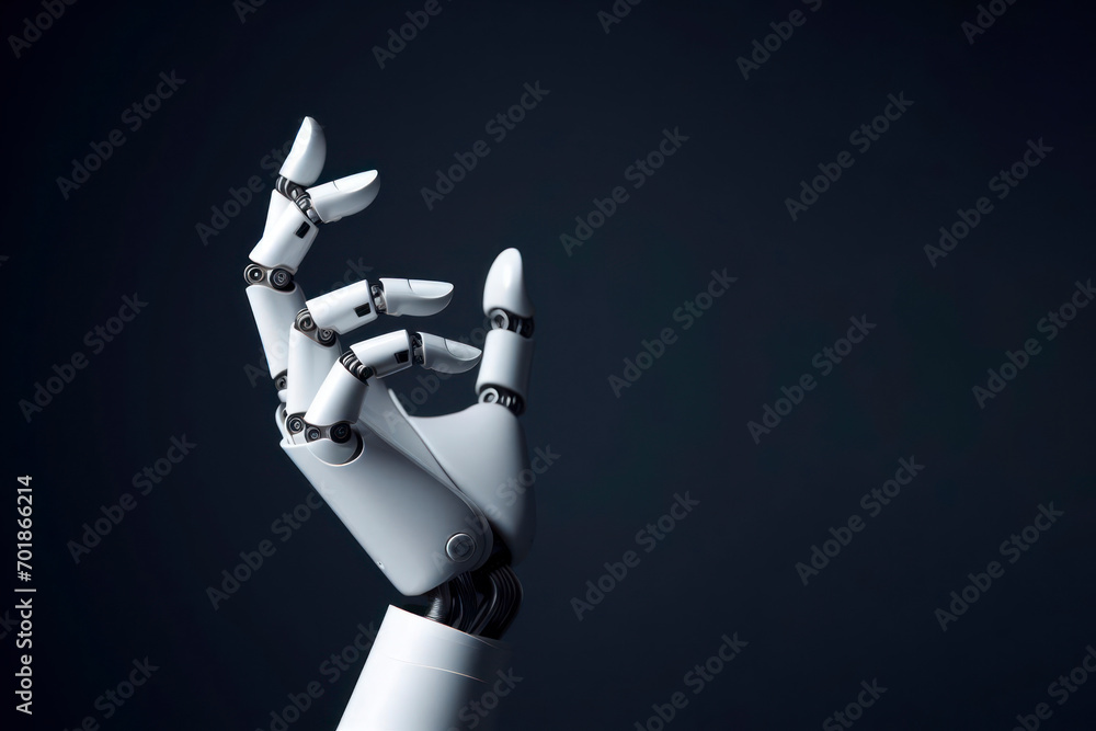 Poster white robotic hand put on something on solid dark background. ai generative