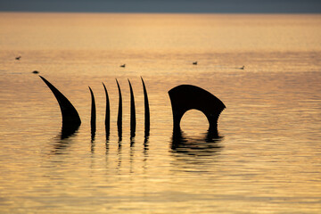 Bombay Beach, California Looking at a metal Fish Bones Art Sculpture in the calm water