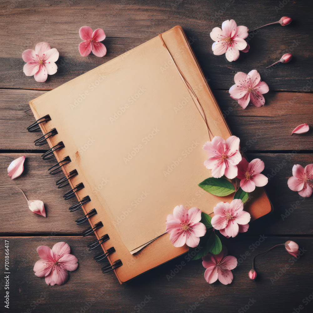 Poster wooden background with pink flower on blank notebook diary top view. ai generative