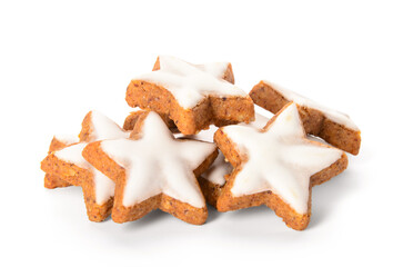Delicious stars shaped Christmas cookies on white background