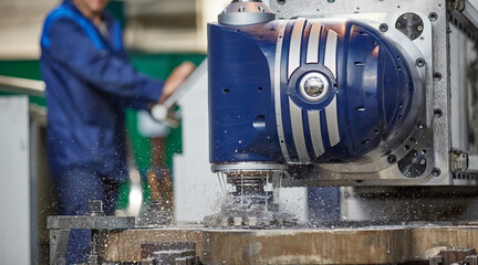 vertical milling machine close-up processes a part in production, modern equipment for metal...
