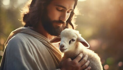 Depiction of Jesus Christ as Shepherd - Jesus Christ holding a Lamb - Blessing to Humanity - Imagination of Redemption and Faith - obrazy, fototapety, plakaty