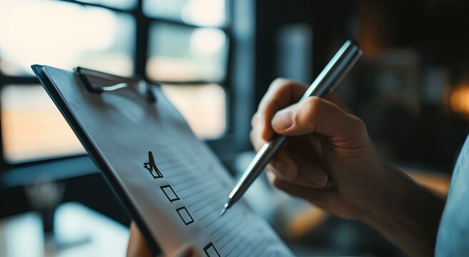 A man holding a checklist file in his hand and checking it with a pen to tick correct sign mark in checkbox for quality document control checklist. generative AI