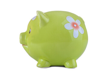 green pig piggy bank on white isolated background
