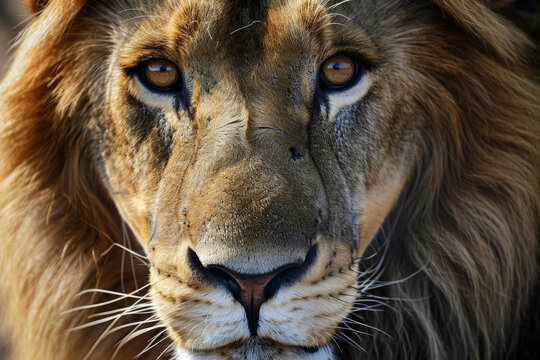 A close-up photograph showcasing the intense gaze and facial expressions of a lion
