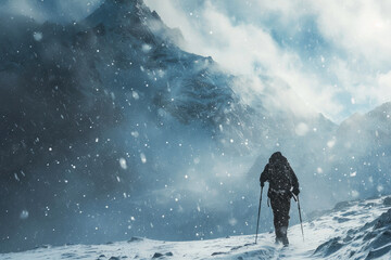Alpine Wanderlust: Trekker Braving Harsh Winter Elements