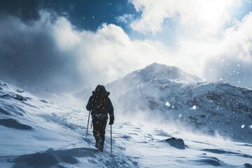 Naklejka na ściany i meble Anonymous Mountaineer Amidst Blizzard in Majestic Mountains