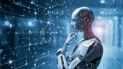 printed circuit board with processor robot, artificial intelligence ai concept visualization technology neuron background