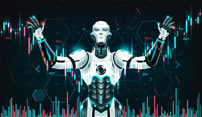 AI Artificial intelligence trading stock exchange market, cryptocurrency chart by analysis candlestick with AI technology, Planning business strategy financial investment, Vector illustration.