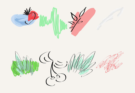 Set of Artistic Hand Drawn Fruits Flowers and Scribbles