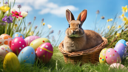 Fototapeta na wymiar Cute brown bunny in a field of daisies with a wicker basket holding painted Easter eggs, under a sunny, blue sky.