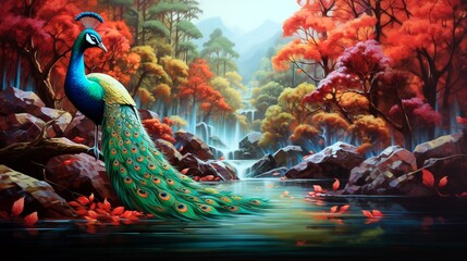 "A captivating portrait captures the intricate beauty of the red peacock, its vibrant plumage a striking contrast against the serene forest backdrop."