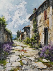 Fototapeta na wymiar Crumpled old painting in impasto oil, depicting a floral cobble garden path leading to a modern house with lavender flower beds. Contemporary artwork, perfect for wall art, printing design, and art. 