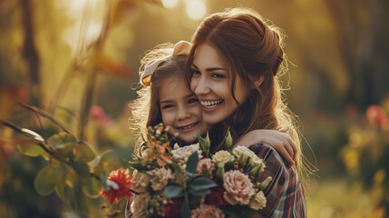 little child with tulips flowers with mother parent mother day - obrazy, fototapety, plakaty