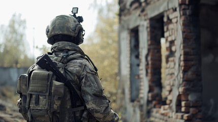 soldier in camouflage going through war in destroyed city
