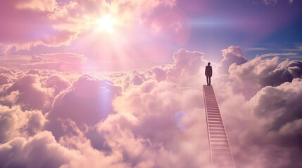 the sky and the clouds, staircase to heaven with human standing on top of it - obrazy, fototapety, plakaty