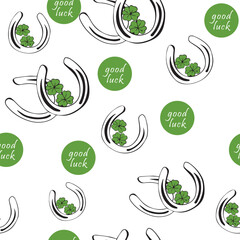 seamless pattern metal horseshoes and clover leaf for good luck. Irish lucky green clover in the shape of horseshoe. happy clover on St. Patrick's Day.