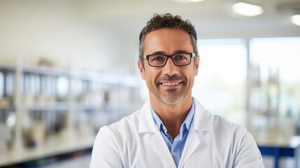 Portrait of a smiling male doctor in a lab coat holding a tablet