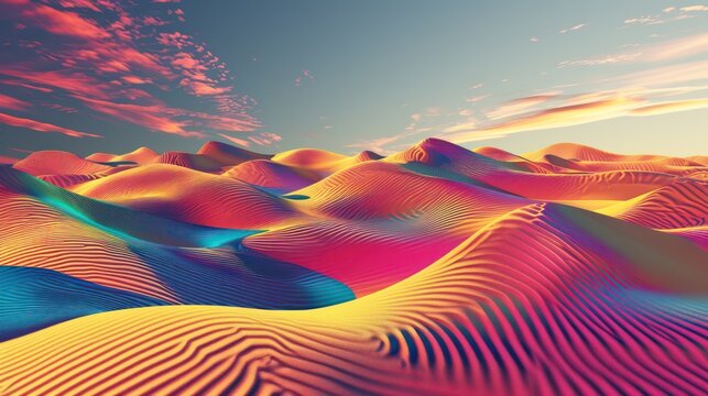 Surreal beauty in an abstract fantasy desert background adorned with a colorful moiré pattern.
